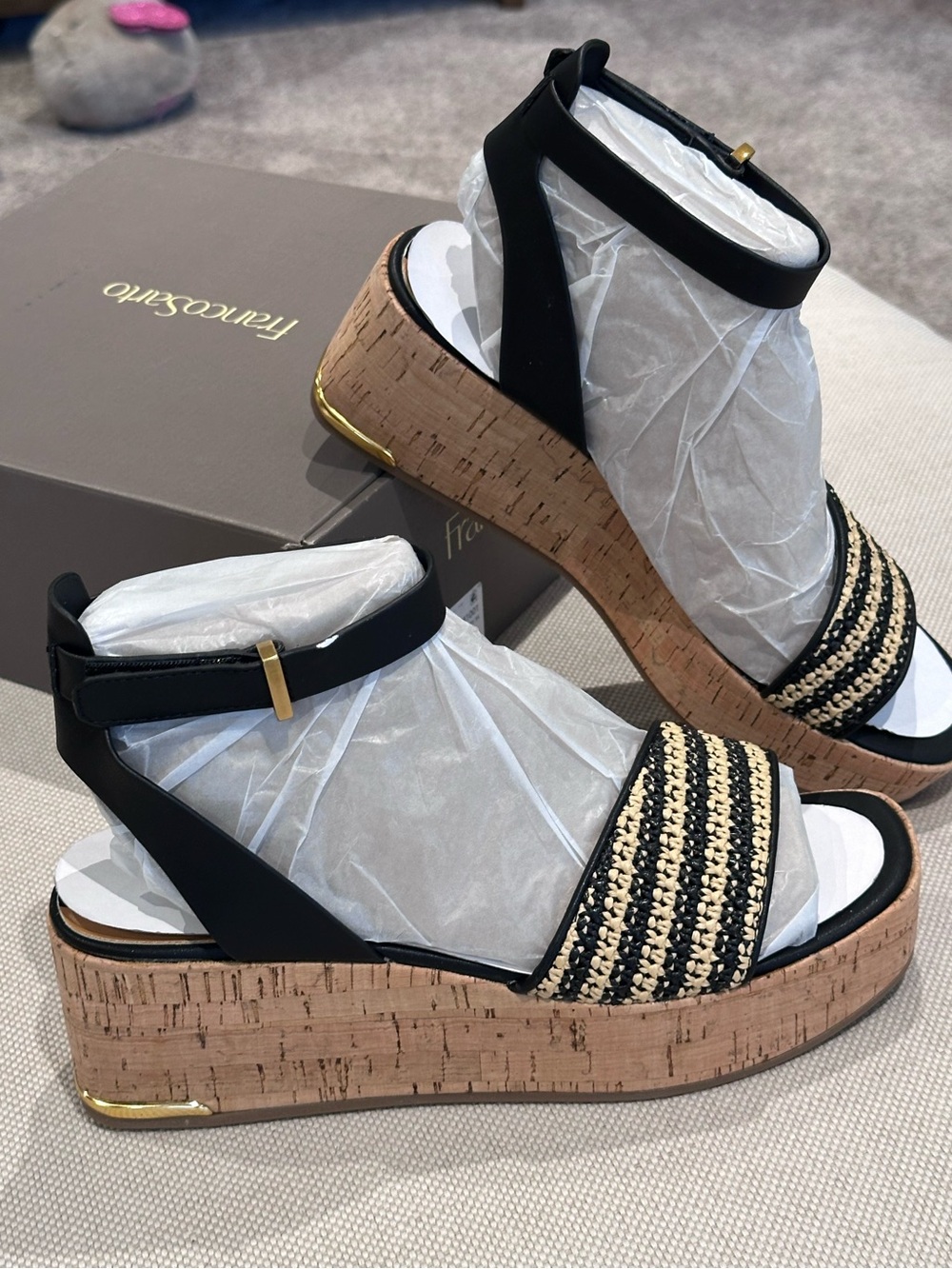 FRANCO SARTO size 9.5 Terry Ankle Strap Platform Wedge Sandal Black/Natural NEW